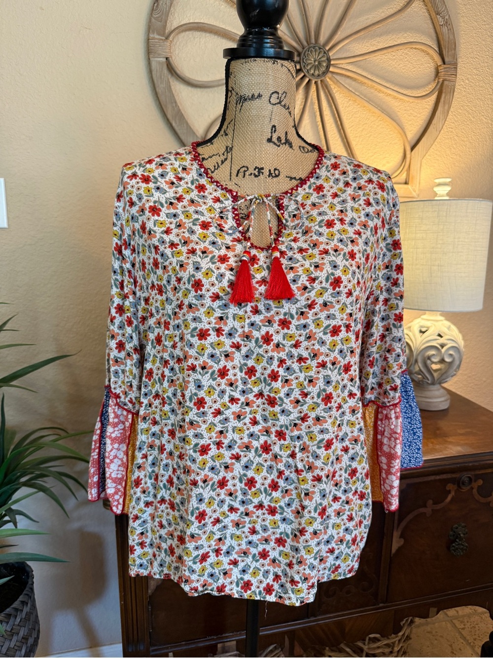 Tru Luxe Jeans Boho Floral Tassel Blouse with Patchwork Sleeves
